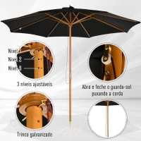 Outsunny Chapéu de Sol de Jardim Ø300x250cm com Sistema de Polia Teto Ventilado e Mastro Desmontável de Madeira para Terraço Pátio Exterior Preto(m-5)