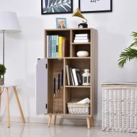 HOMCOM Móvel Aparador Alto Armário Auxiliar de Sala de Estar com 5 Compartimentos e 1 Porta Multiuso para Sala de Jantar Cozinha Dormitório 60x30x121cm Carvalho e Branco(m-9)