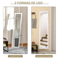 HOMCOM Espelho de pé de Corpo Inteiro Retangular Espelho de Parede com 2 Formas de Uso para Dormitórios Sala de Estar Corredor 37x48x152cm Branco(m-4)