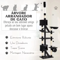 PawHut Árvore arranhador para Gatos com Altura Ajustável Plataformas Múltiplas Caverna Cestas e Escadas em Sisal Natural e Pelúcia 60x45x240-260 cm Cinza Escuro(m-4)