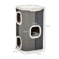 PawHut Arranhador em Forma de Cilindro para Gatos com 3 Cavernas de Sisal e Pelúcia Plataforma de Velo 40x40x74cm Cinza(m-3)