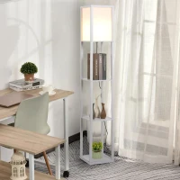 HOMCOM Candeeiro de Pé de Madeira com 3 Prateleiras De Armazenamento para Lâmpada E27 Potência Máx. 40W Candeeiro Moderno para Sala de Estar Dormitório 26x26x160cm Branco(m-8)