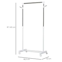 HOMCOM Charriot com Altura Ajustável Cabide com Rodas Portátil Prateleira Inferior Aço 68,5x42x87-145cm Branco e Prata(m-3)