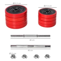 HOMCOM Conjunto de Halteres 20kg Ajustáveis 2 em 1 com 8 Discos 2 Barras e Extensor Ajustável para Treinamento de Força Levantamento de Pesos para Casa Academia Preto e Vermelho(m-3)