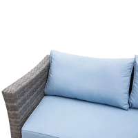 Outsunny Conjunto de Móveis de Vime 4 Peças com Mesa de Centro com Bancada de Vidro Temperado e Apoio para os Pés Cinza e Azul(m-10)