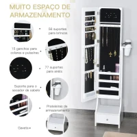 HOMCOM Joalheiro de Pé com Espelho Luz Armário para Jóias com Espelho de Corpo Inteiro 3 Ângulos Ajustáveis com Gaveta e Suporte para Secador 37x30x158cm Branco(m-5)