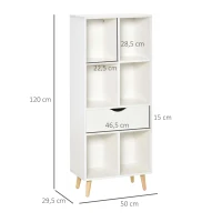 HOMCOM Estante para Livros com 6 Compartimentos Abertos 1 Gaveta e Pés de Madeira para Armazenamento de Brinquedos CDs Plantas 50x29,5x120cm Branco(m-3)
