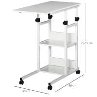 HOMCOM Mesa Lateral para Sofá Mesa lateral em Forma de C com 4 rodas Giratórias Freios Altura Ajustável 3 níveis Estrutura Metálica 80x40x72-82cm Branco(m-3)