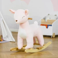 HOMCOM Baloiço Infantil de Cervo para Crianças acima de 3 Anos Baloiço com Sons Realistas de Pelúcia e Base de Madeira Carga 45kg 68x35,5x64cm Rosa(m-9)
