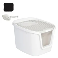 PawHut Caixa de areia para gatos com porta dupla Caixa desodorizante de carvão ativado Pá Equipada Amplo espaço 55,5x44,5x38,3 cm cinza branco(m-1)