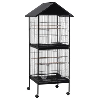 PawHut Grande gaiola de pássaros de 2 andares com rodas 8 alimentadores 4 poleiros e bandejas removíveis 71,5x72x170 cm Preto(m-1)