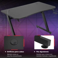 HOMCOM Secretária tipo gaming mesa de escritório com suporte para copos gancho e pés ajustáveis 120x65x74,5 cm preto(m-4)