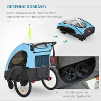 HOMCOM Reboque de criança 3 em 1 de 2 lugares para crianças acima de 6 meses Dobrável com barra rodas giratórias e guiador ajustável 150x85x107cm Azul(m-6)