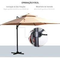 Outsunny Chapéu de Sol Excêntrico 294x294x270cm Chapéu de Sol de Alumínio à Manivela com Mastro Giratório 360º Teto Duplo Inclinável em 6 Posições Areia(m-6)