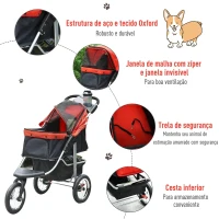 PawHut Carrinho dobrável para animais de estimação com 3 rodas Correias de segurança e cesto de armazenamento 109,5x54,5x106,5 cm Vermelho e preto(m-5)