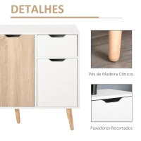 HOMCOM Aparador Móvel Auxiliar de Armazenamento com 2 Armários de Porta Gaveta Pés de Madeira para Sala de Estar Cozinha Dormitório 90x30x72cm Natural e Branco(m-5)