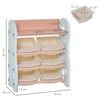 HOMCOM Organizador de Brinquedos para crianças tipo Estante Infantil com 6 Caixas para quarto Sala de Jogos Creche 76x36x92cm Creme Coral Azul(m-3)