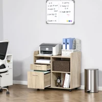 Vinsetto Armário para Impressora Armário Multifuncional de Escritório com 3 Compartimentos 2 Gavetas para Arquivos Prateleira Ajustável 2 Rodas com Freios 80x40x72cm Carvalho(m-7)
