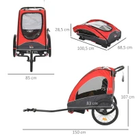 HOMCOM Reboque de criança 3 em 1 de 2 lugares para crianças acima de 6 meses Dobrável com barra rodas giratórias e guiador ajustável 150x85x107cm Vermelho(m-3)