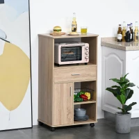 HOMCOM Carrinho de Cozinha para Microondas com 4 Rodas e Freios Gaveta Prateleiras abertas Compartimento com porta 60x40x108 cm Carvalho(m-2)