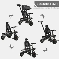 HOMCOM Triciclo Infantil 4 em 1 Bicicleta para Crianças 1-5 Anos com Assento Giratório Capô Ajustável Guidão de Empurre e Apoio para os Pés Dobrável 111,5x52x98cm Preto(m-4)