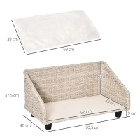 PawHut Sofá Cama de Vime para Cães Gatos Cama Elevada com Almofada Lavável e Encosto Alto para Interior e Exterior 70,5x40x37,5cm Bege(m-3)