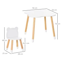 HOMCOM Conjunto Infantil de Mesa e 2 Cadeiras de Madeira Móveis Infantil para Sala de Jogos Dormitório de Crianças Mesa 56x56x50cm e Cadeira 28x25x46cm Branco(m-3)