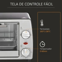 HOMCOM Mini Forno Elétrico de 10 Litros 750W com Temperatura até 230 °C Temporizador 60 Minutos Bandeja e Grade 36,5x26x22cm Preto e Prata(m-4)