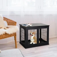 PawHut Gaiola para Cães de Madeira com Superfície de Mesa 2 Portas e Grades de Metal 81x58,5x66cm Preto(m-2)