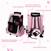 PawHut Transportadora 2 em 1 para Animais de Estimação Mochila ou Carrinho de Viagem para Cães e Gatos com 2 Rodas Alça Retrátil de Alumínio e Bolso de Armazenamento 42x25x55cm Rosa(m-4)