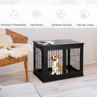 PawHut Gaiola para Cães de Madeira com Superfície de Mesa 2 Portas e Grades de Metal 81x58,5x66cm Preto(m-4)