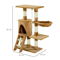 PawHut Árvore para gatos  com  Corda de Brincar Placa de Madeira e Revestido de Pêlo- Castanho - 30x55x96cm(m-3)