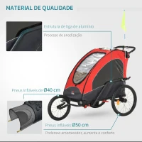 HOMCOM Reboque de criança 3 em 1 de 2 lugares para crianças acima de 6 meses Dobrável com barra rodas giratórias e guiador ajustável 150x85x107cm Vermelho(m-7)