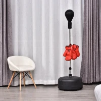 HOMCOM Punching Ball Ajustável em Altura com Base Recarregável Punching Ball de Boxe com Suporte e Luvas Ø48x136-154 cm Preto(m-2)