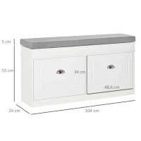 HOMCOM Banco Sapateira com Armazenamento para 8 Pares de Sapatos com 2 Gavetas Prateleiras Ajustáveis e Almofada 104x24x55cm Branco(m-3)