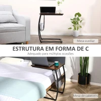 HOMCOM Mesa Auxiliar para Sofá e Cama em Forma de C com Bolso de Armazenamento Mesa Lateral de Estilo Industrial 52x35x64,5cm Marrom Rústico(m-4)