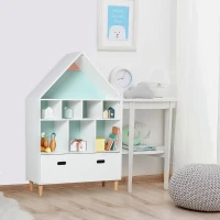 HOMCOM Estante de Madeira Infantil em Forma de Casa Estante para Crianças com 8 Compartimentos Abertos e Gaveta de 2 Cores 82x30x126cm Branco(m-2)