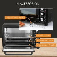 HOMCOM Mini Forno Elétrico de 32L 1600W com 3 Modos de Aquecimento Temperatura até 230 °C Temporizador Bandeja de Assar Ajustável em 3 Níveis 52,2x38,1x33,5cm Preto(m-7)