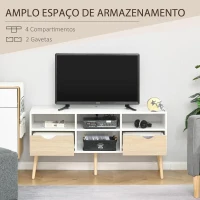 HOMCOM Móvel de TV com 2 Gavetas e 4 Compartimentos Pés de Madeira Dispositivo Anti Rolamento para Sala de Estar 117x39x57cm Branco e Madeira Natural(m-4)