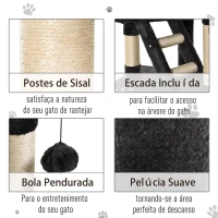 PawHut Árvore arranhador para Gatos com Altura Ajustável Plataformas Múltiplas Caverna Cestas e Escadas em Sisal Natural e Pelúcia 60x45x240-260 cm Cinza Escuro(m-5)
