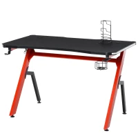 HOMCOM Mesa de Gaming com LED RGB Secretária de Computador com Porta Copos Gancho para Fone de Ouvido Suporte para Controle Gamepad e Luz com Controle Remoto 120x66x76cm Preto e Vermelho(m-1)