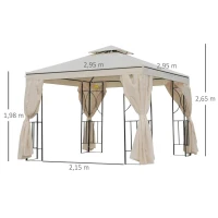 Outsunny Pérgola de jardim de 2.95 x 2.95 m com 4 cortinas laterais removíveis com zíper, 8 orifícios de drenagem e telhado duplo bege(m-3)