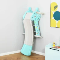 HOMCOM Escorrega Infantil Dobrável com Cesta de Basquetebol para Crianças acima de 18 meses Modelo Girafa para Interiores e Exteriores 140x87x75cm Azul e Cinza(m-8)