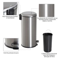 HOMCOM Lixeira com abertura por pedal com 30 L de volume em prata de aço inoxidável(m-6)