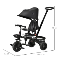HOMCOM Triciclo Infantil 4 em 1 Bicicleta para Crianças 1-5 Anos com Assento Giratório Capô Ajustável Guidão de Empurre e Apoio para os Pés Dobrável 111,5x52x98cm Preto(m-3)