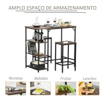 HOMCOM Conjunto de mesa de bar e 2 bancos com apoio para os pés e prateleiras de 3 níveis 109x60x100 cm marrom rústico(m-4)