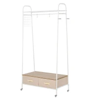 HOMCOM Suporte para Cabides de Metálico Cabideiro com Rodas Prateleira e 2 Gavetas para Organizar Roupas Bolsos 99x47x185cm Branco(m-1)