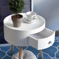 HOMCOM Mesa Apoio Redonda com 1 Gaveta Borda Elevada e 3 Pés de Madeira  Estilo Moderno Ø38x45 cm Branco(m-7)