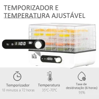 HOMCOM Desidratador de Alimentos 400W com 5 Bandejas Tela LCD Temperatura Ajustável 35-70 Graus e Temporizador de 72 horas para Verduras Frutas Carne sem BPA 29x19x21,5cm Branco(m-4)