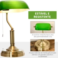 HOMCOM Candeeiro de Mesa Estilo Banqueiro com Interruptor de Corda e Ecrã de Cristal Candeeiro Decorativo de Metal para Dormitórios Sala de Estar 27,5x17,5x39cm Verde(m-6)